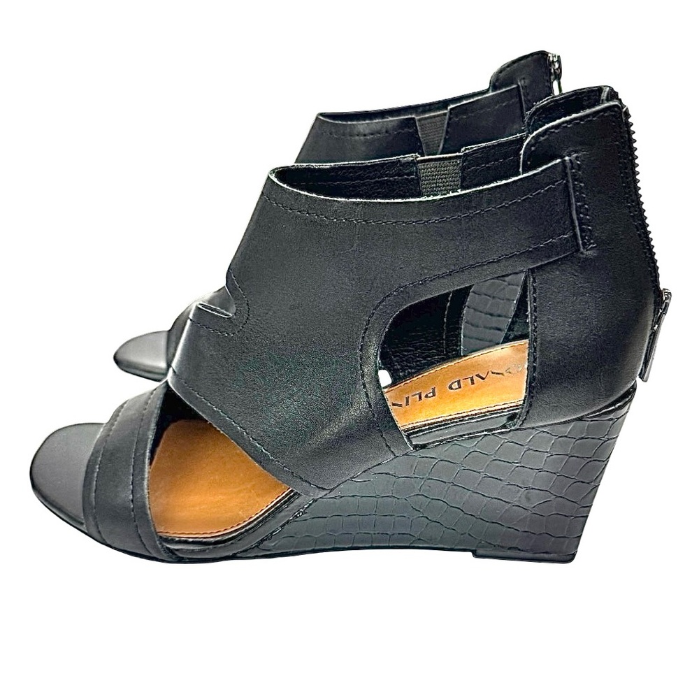 Donald J Pliner Women’s Black Leather Wedge Sandals Size 8 Faux Reptile Heel - Picture 6 of 9